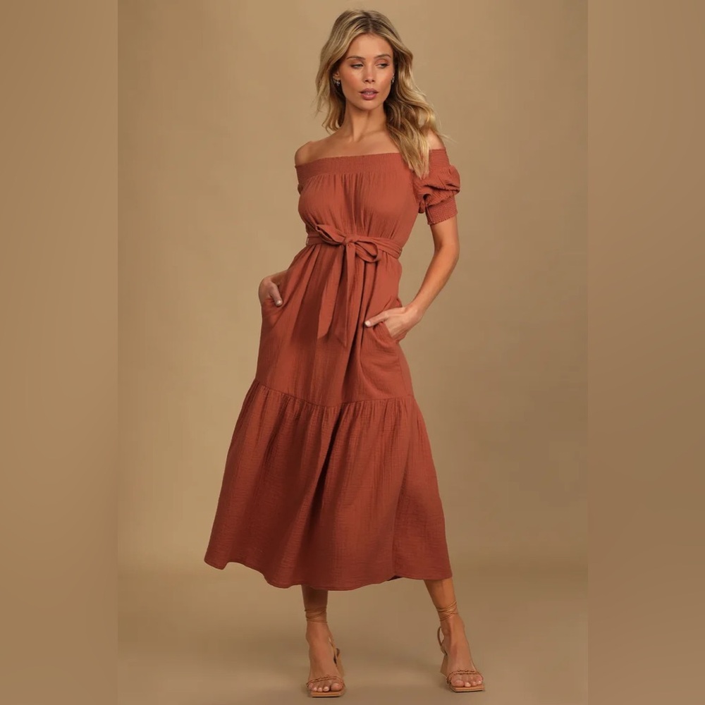 Lulu's Terracotta Off-Shoulder Maxi Dress